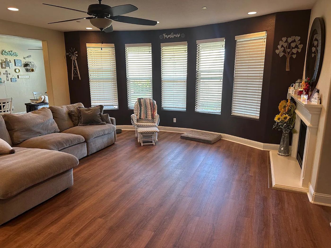 Family room with five tall windows
